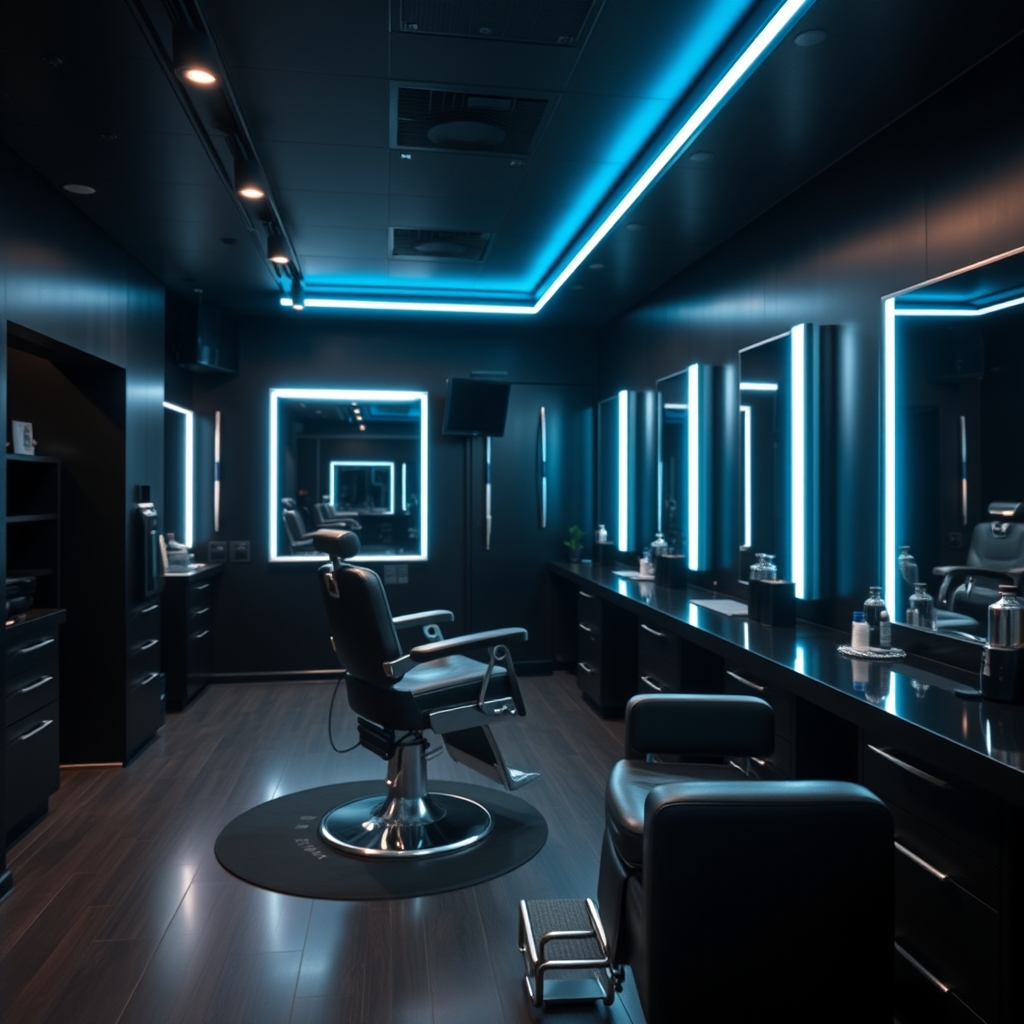Cinematic barber spaceship hovering over a futuristic city